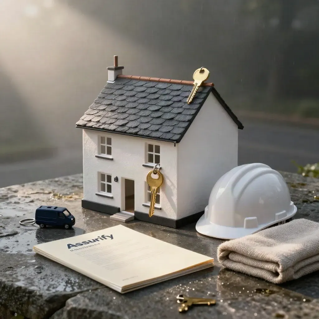 Rain-damp insurance tableau with house model, keys, folder, hard hat and van fob at dawn.