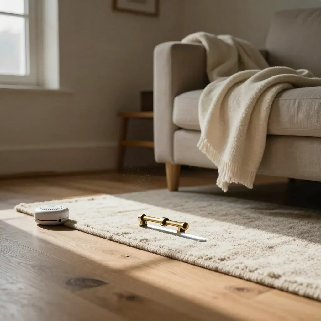 Living room corner with lifted rug edge, battery, window latch, and folded throw in warm afternoon light