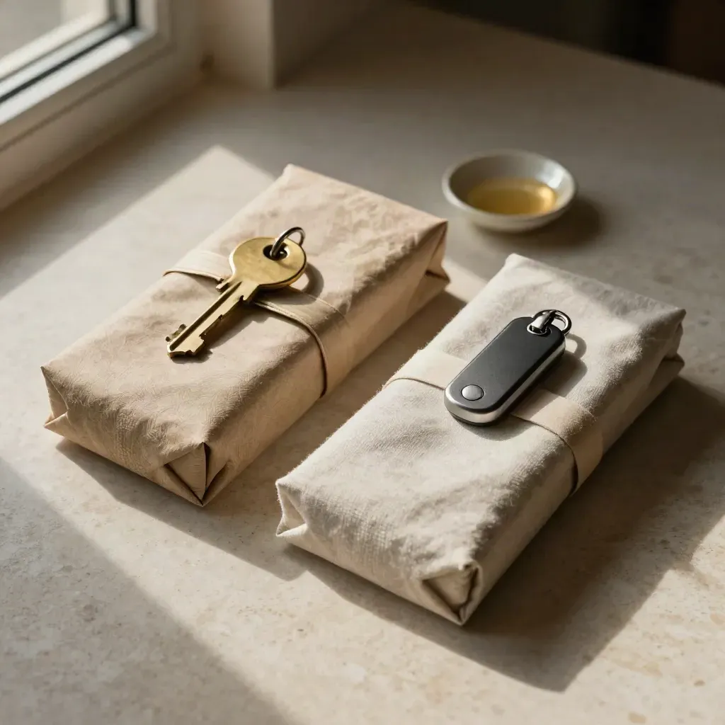 Top-down flat lay of two closed policy packs with a brass key ring, car fob and ceramic dish.