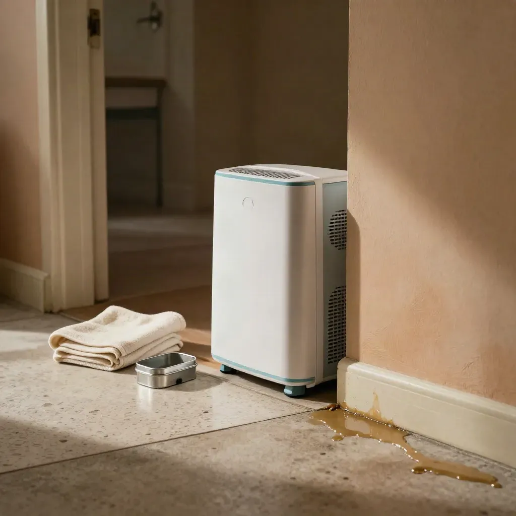 Portable dehumidifier drying a damp doorway beside a towel and repair tin.