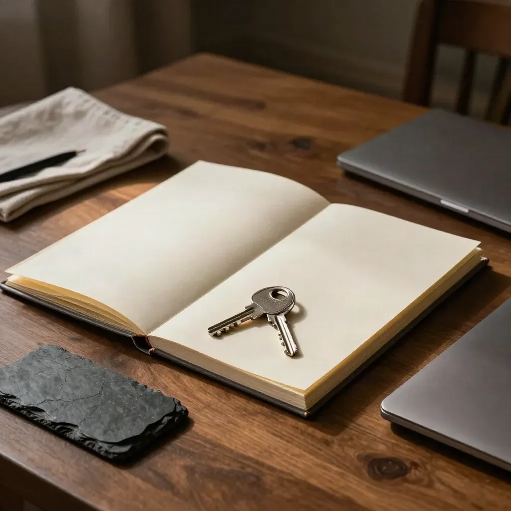 Open policy folder, key, roof-tile sample and closed laptop on a warm walnut table in evening light.