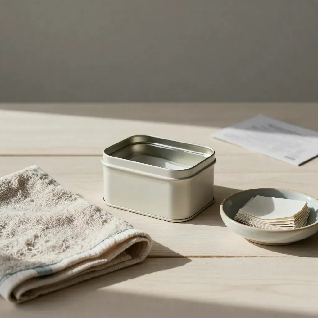 Half-open spill-kit tin, folded towel and ceramic dish on pale wood.